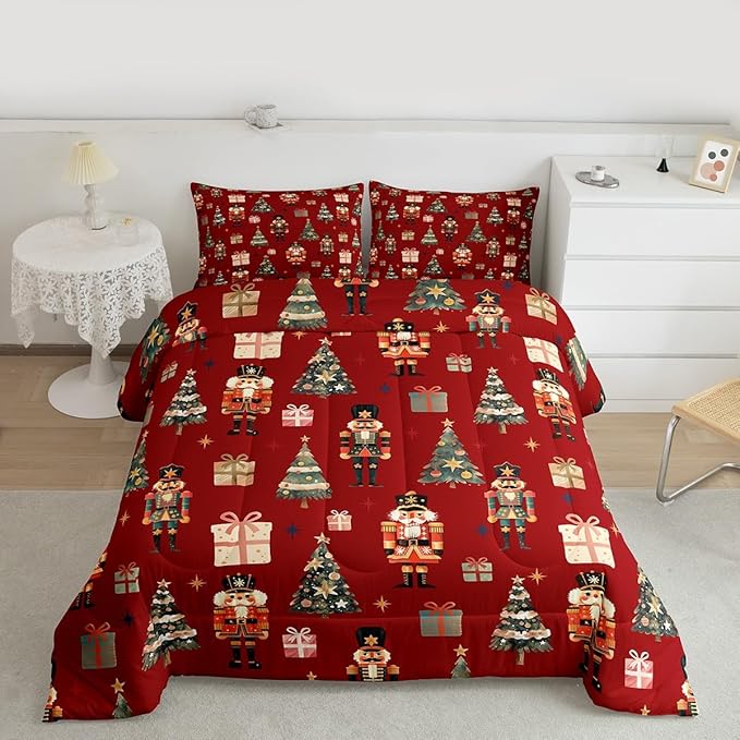 jejeloiu Xmas Nutcracker Comforter Set King Size Christmas Red Bedding Set for Kids Boys Girls Cute Snowflakes Duvet Quilt Bedroom Decor