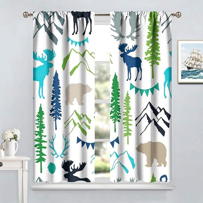 Forest Woodland Curtains, Wild Nature Bear Moose Deer Pine Trees Mountain Cabin Lodge Blackout Rod Pocket Windows Door Curtain for Bedroom Living Room Home Decor 72x63in
