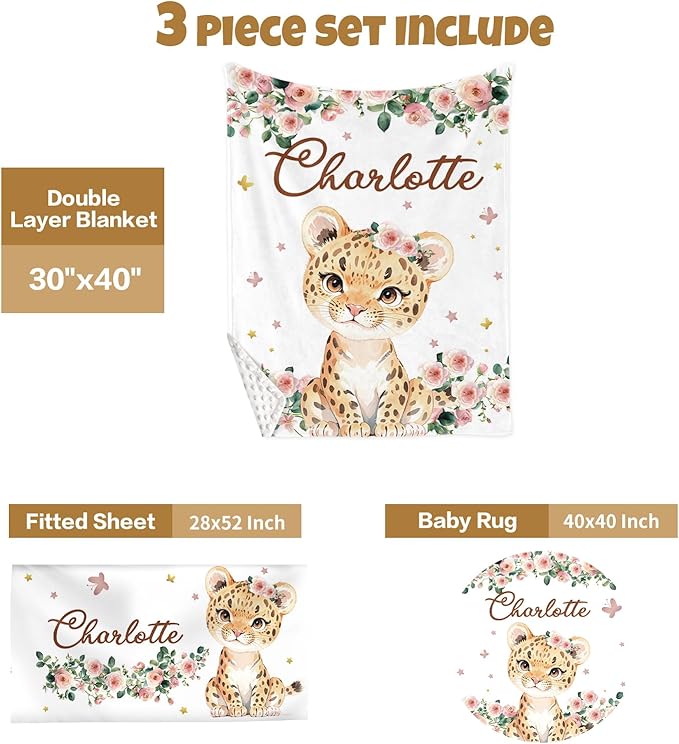 Custom Baby Crib Bedding Set, 3 Pcs Personalized Nursery Bedding Set with Name, Soft Baby Bedding Crib Sets with Blanket - Toddler Crib Sets for Girls Boys, Infant Newborn Gifts, Pink Leopard
