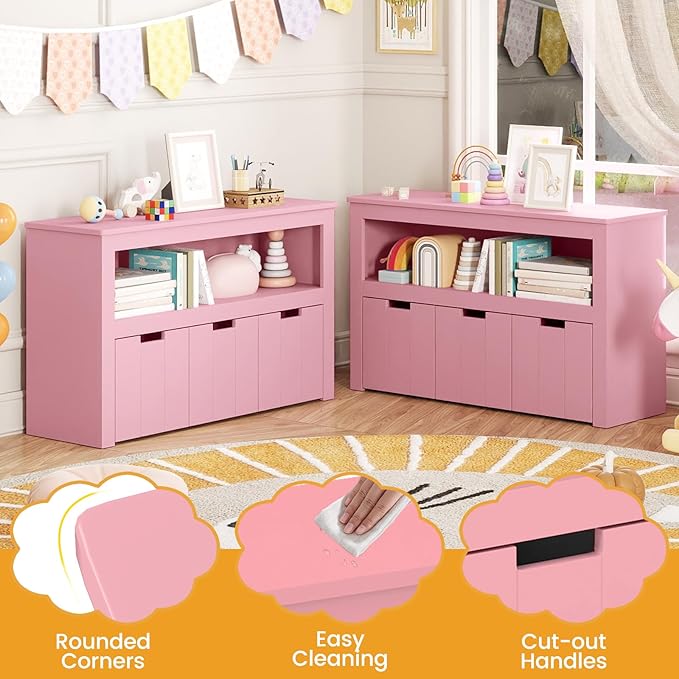 HONEY JOY Kids Toy Storage Organizer, Children Daycare Shelf, 3 Wooden Toy Box w/Wheels, Toddler Classroom Display Cabinet for Playroom, Nursery, Kindergarten (Pink)