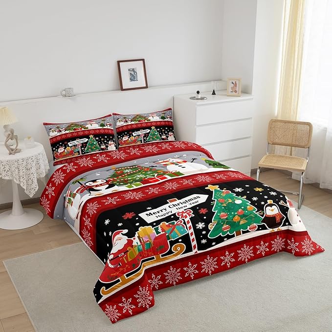 Erosebridal Christmas Tree Decor Quilts Cartoon Snowman Comforter Set for Teens Kids Boys Xmas Deer Elk Santa Claus Bedding Set for New Year Snowflake Red and Black Duvet Insert Full Size