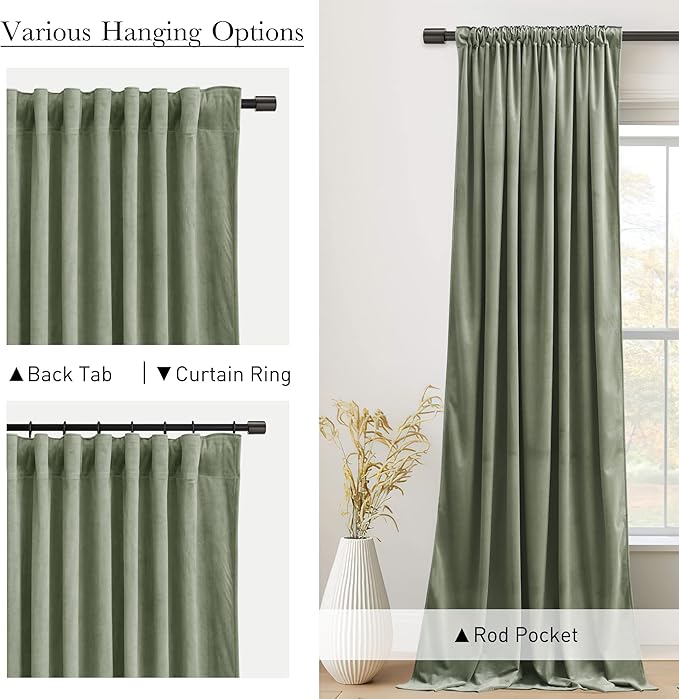 StangH Velvet Curtains 90 inches Long Sage Green - Thick Vertical Soft Drapes in Refreshing Color Back Tab Rustic Home Decor for Bedroom/Kids Room/Parlor, W52 x L90, 2 Panels