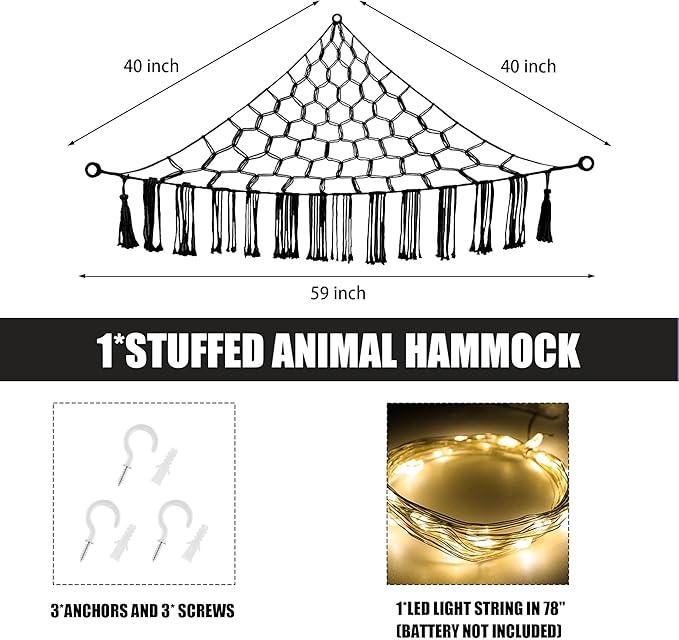 Stuffed Animal Hammock with LED Light, Large Stuffed Animals Storage Corner Plushie Net for Kids Room Decor, Black