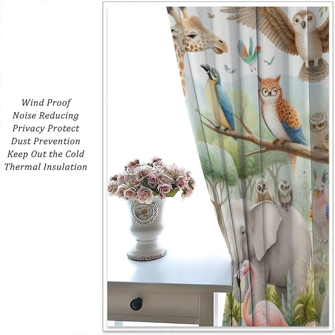 Kids Animals Curtain Cartoon Western Wildlife Flamingo Elephant Giraffe Window Treatment for Baby Children Bedroom Living Room 72" W X 63" L