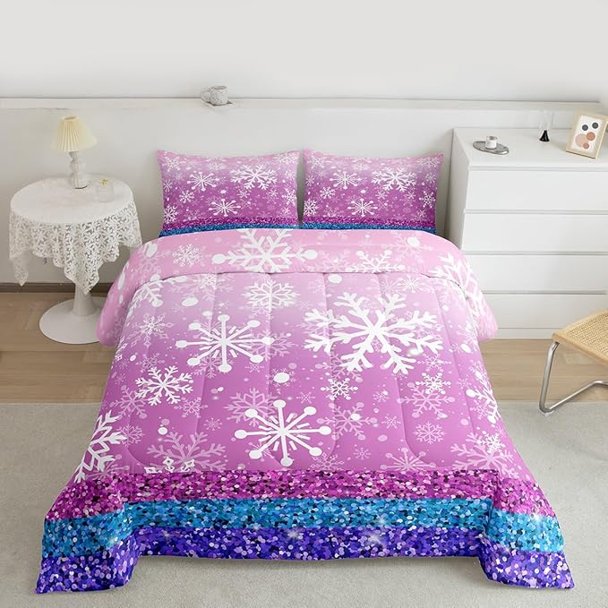 Feelyou Pink Snowflake Comforter Set Twin Size Winter Snowflake Bedding Set for Kids Boys Girls Christmas Duvet Quilt Glitter Print Bedroom Decor Microfiber 2 Pcs with 1 Pillow Cases