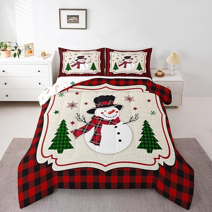 Manfei Cute Snowman Comforter Set Twin Size, Xmas Trees Snowflake Down Comforter with 1 Pillowcase, Christmas Theme Red Plaid Bedding Set 2pcs for Kids Girls Room Decor New Year Duvet Insert