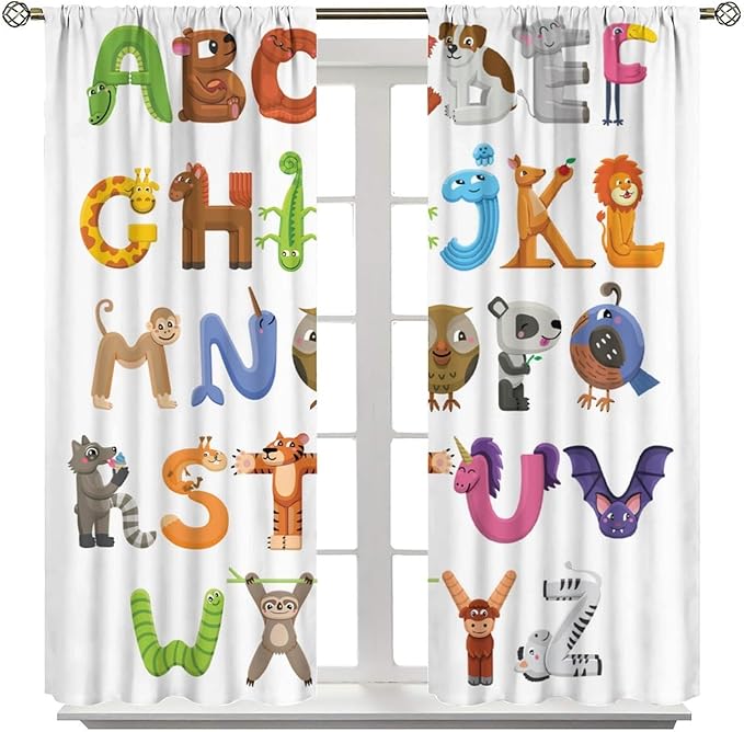 Kids Alphabet Curtains Cartoon Animal Baby Children Funny Learning Educational Curtain with Rod Pocket for Bedroom Nursery Decor Drapes Window Treatments 2 Panels Set 84x84in
