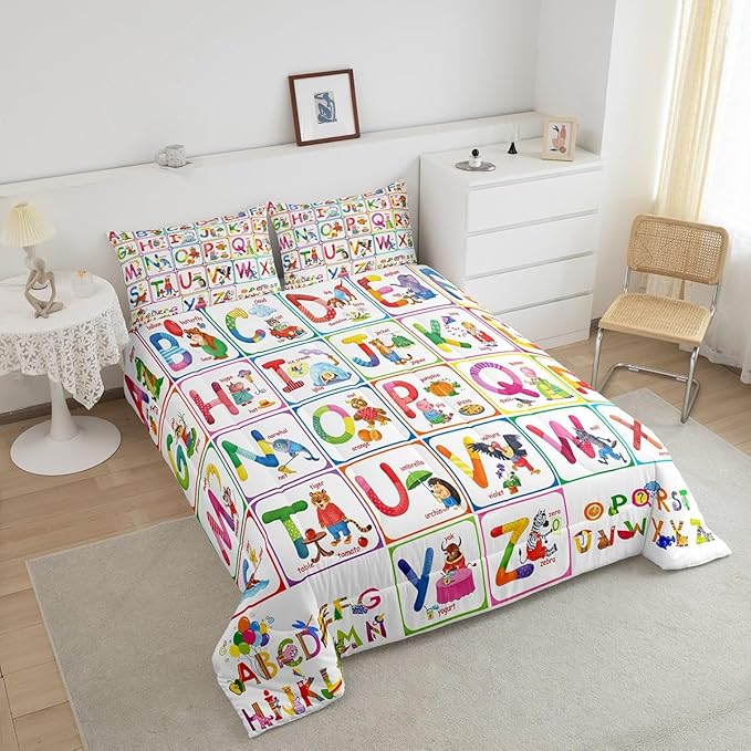 Feelyou ABC Alphabet Bedding Set Queen, Cartoon Zoo Animal Comforter Educational Learning Comforter Set for Kids Boys Girls Colorful Alphabet Duvet Set with 2 Pillow Case