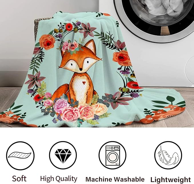 Fox Blanket Flower Fox Print Throw Blanket Ultra Soft Flannel Blankets Gifts for Kids Adults 50"x40"