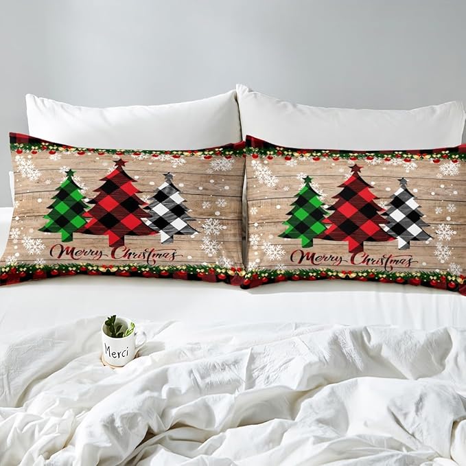 Manfei Plaid Tree Duvet Cover Set King Size, Wooden Stripe Print Bedding Set 3pcs for Kids Boys Girls Bedroom Decor, Christmas Theme New Year Comforter Cover with 2 Pillowcases,No Comforter