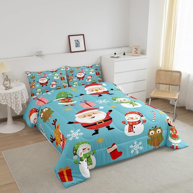 Erosebridal Merry Christmas Comforter Set Cartoon Santa Claus Quilts Twin Size Holiday Snowman Deer Elk Bedding Set Xmas Decor for Kids Boys Teens Cute Owl Animal Down Comforter,Blue