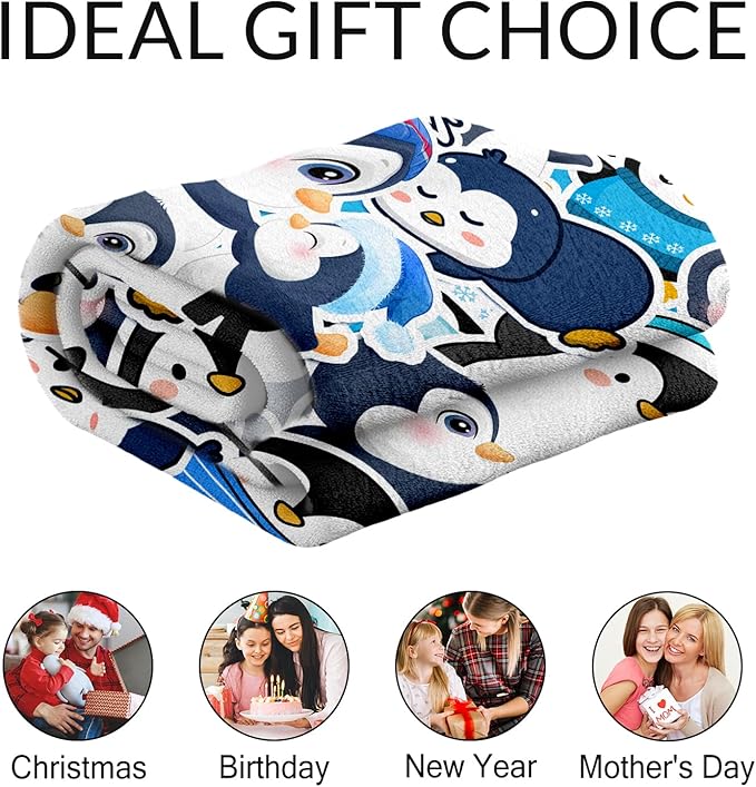 Custom Penguin Gifts for Adult - 60" x 80" Inches Cute Penguin Blanket for Girls - Blue Lightweight Furry Throws for Sofa, Bed & Living Room