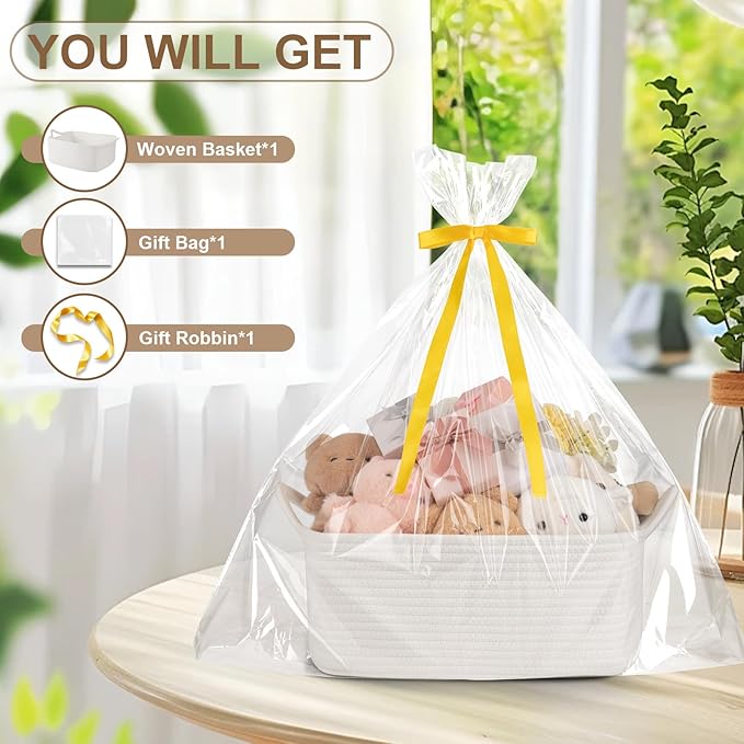 OIAHOMY Woven Rope Basket with Gift Bags and Ribbons, Gift Basket Empty for Baby Shower Birthday, Halloween, Christmas, Cute Cat Ear Handles for Shelf Living Room Bathroom,White,19L
