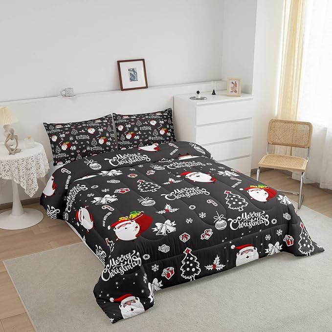 Christmas Comforter 3 Pieces Santa Claus Comforter Set White Snowflake Christmas Printed Xmas Festival Bedding Set with 2 Pillowcases (King, Grey Black)