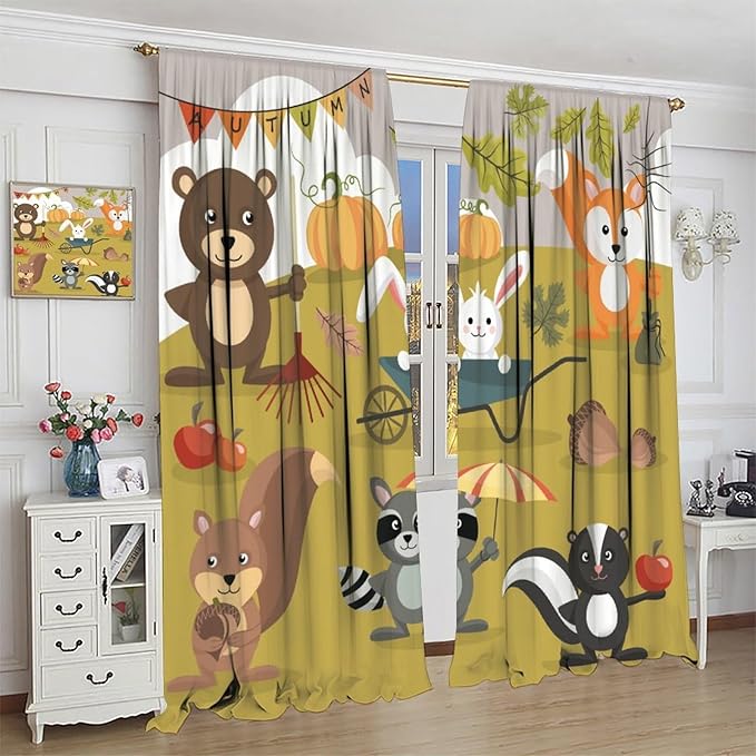 Cartoon Curtains, Jungle Animals Autumn Fun Pattern Blackout Window Treatments, Rod Pocket Thermal Insulated Drapes 2 Panel Sets for Children Boys Bedroom Nursery Classroom, 55" W X 63" L