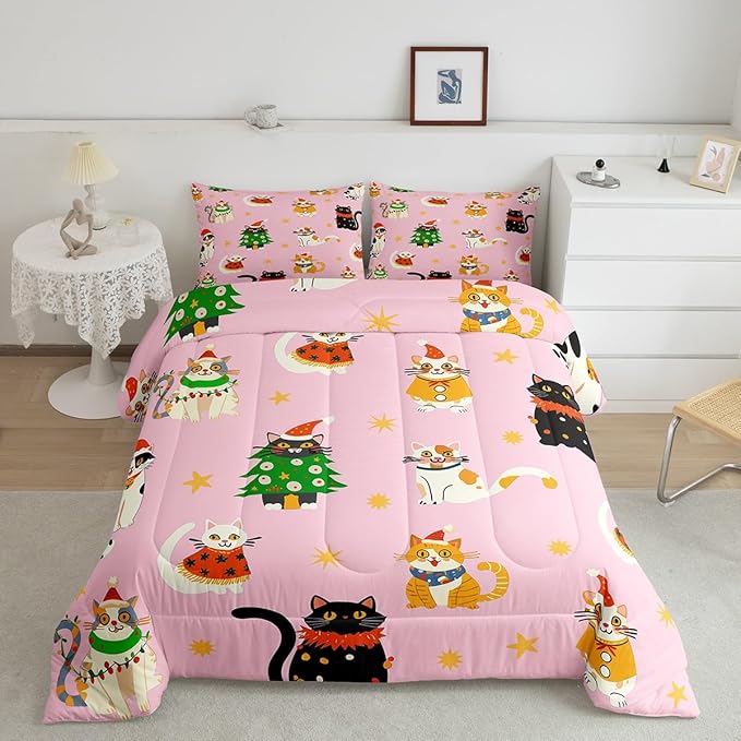Erosebridal Christmas Decor Quilts Cute Cats Comforter Set Full Size for Kids Boys Girls Bedroom Xmas Tree Bedding Set Cartoon Animal Down Comforter with 2 Pillow Cases