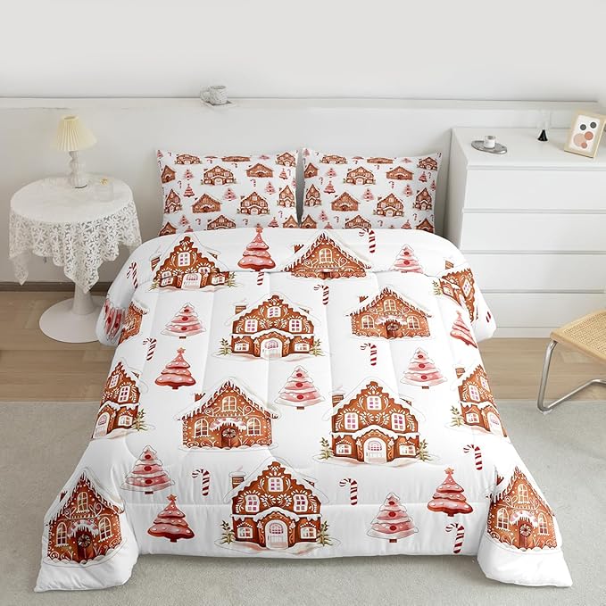 Feelyou Merry Christmas Comforter Set Queen Size Gingerbread House Bedding Set for Kids Boys Girls Xmas Tree Duvet Quilt Candy Cane Bedroom Decor Microfiber 3 Pcs with 2 Pillow Cases
