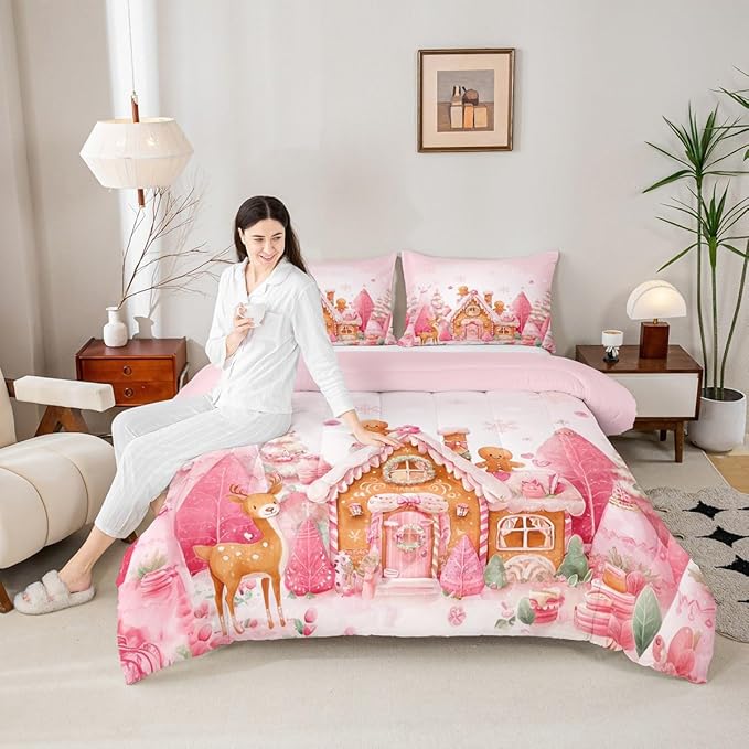 jejeloiu Kids Christmas Theme Comforter Set Toddler Cute Deer Gingerbread Man Bedding Set for Boys Girls Teens Pink Xmas Tree Candy House Snowflake Winter Duvet Quilt Room Decor