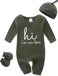 Baby Romper with Baby Mittens & Newborn Hats Footless Long Sleeve Solid Onesie Hi Im New Here
