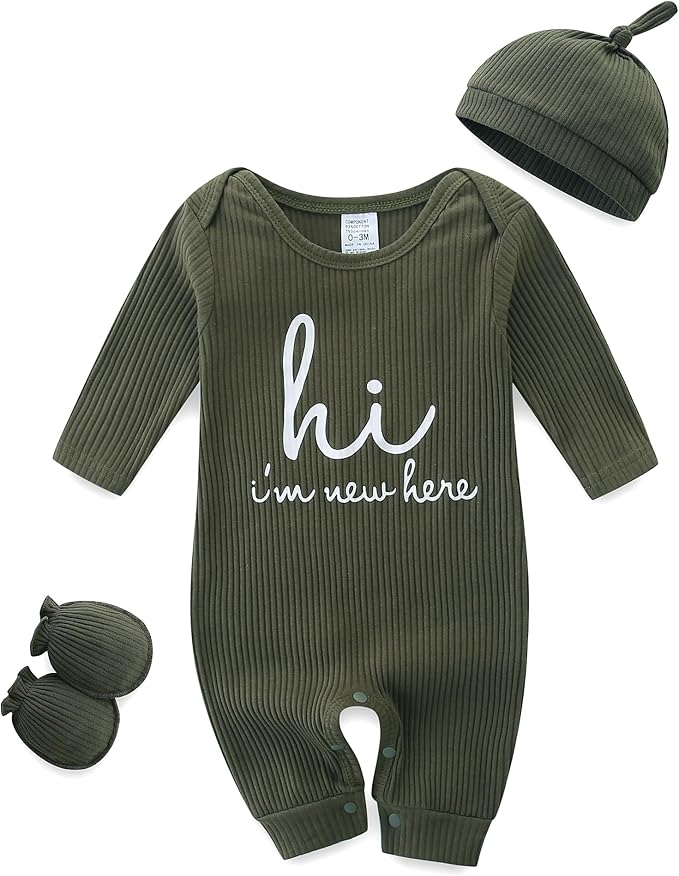 Baby Romper with Baby Mittens & Newborn Hats Footless Long Sleeve Solid Onesie Hi Im New Here