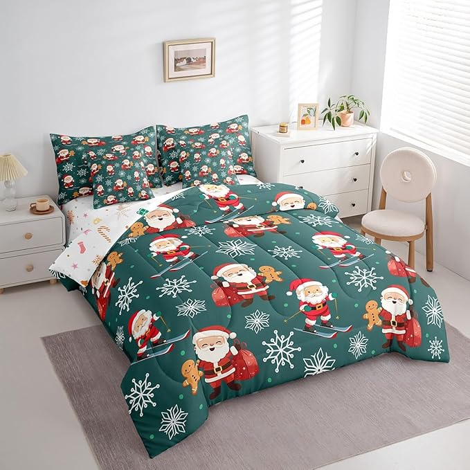 Erosebridal 7Pcs Cartoon Santa Claus Comforter Set King Size,Xmas Gingerbread Bedding Set,Christmas Snowboard Snowflake Bed in A Bag,Cute Christmas Ornaments Quilt with Flat Fitted Sheet