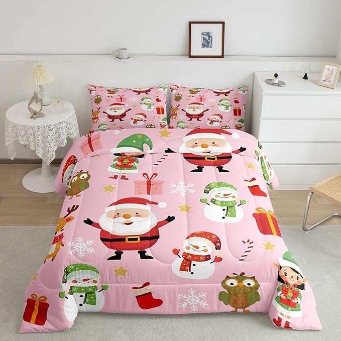 Erosebridal Merry Christmas Bedding Set for Kids Santa Claus Quilts Cute Cartoon Snowman Comforter Set Full Size with 2 Pillow Cases Xmas Snowflake Duvet Insert,Pink