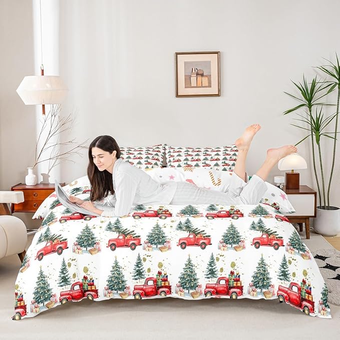 Feelyou Christmas Duvet Cover Boys Christmas Tree Bedding Set for Kids Teens Ultra Soft Cartoon Car Comforter Cover Set Watercolor Xmas Theme Bedspread Cover Room Decor Twin Size Bedclothes Zipper