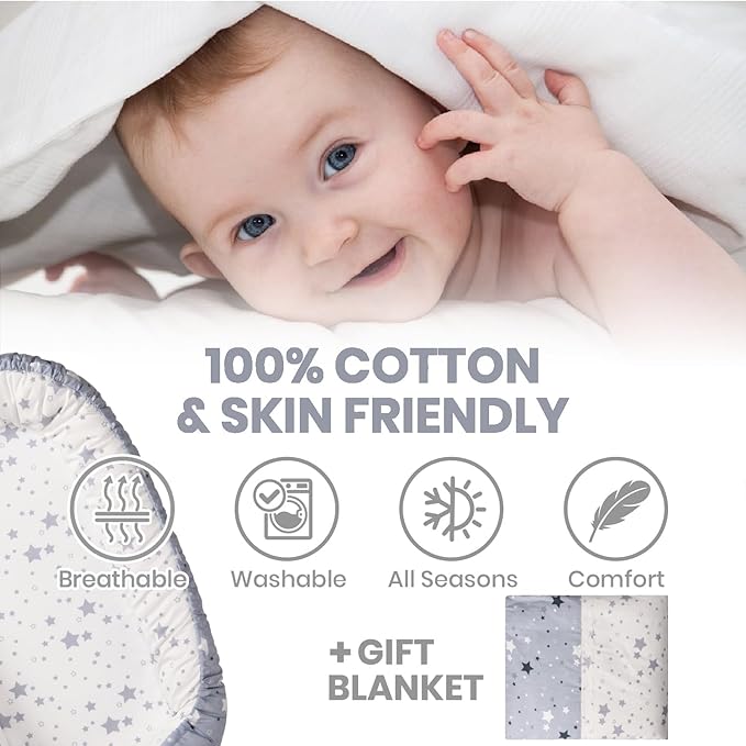 Totsi Baby Lounger with Pillow & Blanket | Ultra-Soft Baby Nest | Machine Washable Infant Lounger 0-24 Months | Adjustable Infant Nest for Travel | Baby Nest for Newborn