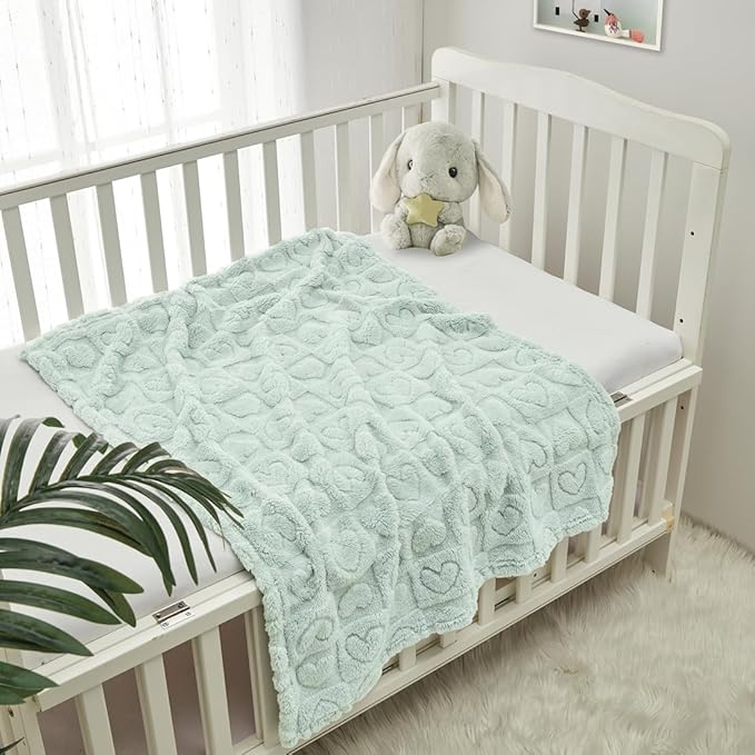 CREVENT 2Pcs 30''X40'' Cute Cozy Fluffy Warm Baby Blankets for Infants Toddlers' Bedding Crib Cot Stroller - Grey Cloud + Green Sherpa