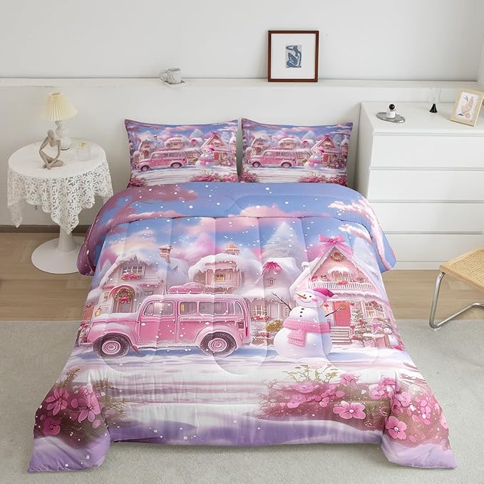 Manfei Christmas Comforter Set Full Size, Pink Truck Flower Snowman Bedding Set for Kids Girls Room Decor, New Year Theme Down Comforter, Lightweight Duvet Insert, 2 Pillowcases
