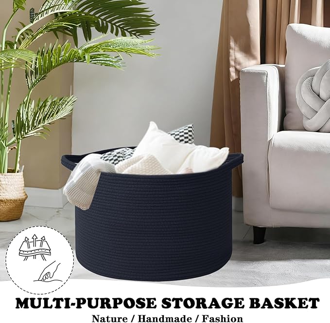Large Blanket Basket for Organizing,65L Closet Organizers and Storage Bins Box for Shelves Woven Rope Storage Baskets,Living Room,Bedroom,Dorm,Laundry room (Navy)