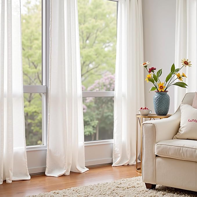 jinchan Linen Curtains 50W x 84L Inch Off White for Living Room Farmhouse Curtains Clip Rings Back Tab Rod Pocket Drapes 4-Panel Set