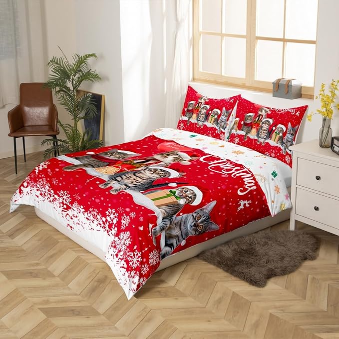 Merry Christmas Cat Bedding Set Xmas Snowflake Pet Cats Duvet Cover For Kids Children Teens Cute Kitten Comforter Cover 3D Animal Red White Bedspread Cover Bedroom Decor Quilt Cover 2Pcs Twin Size