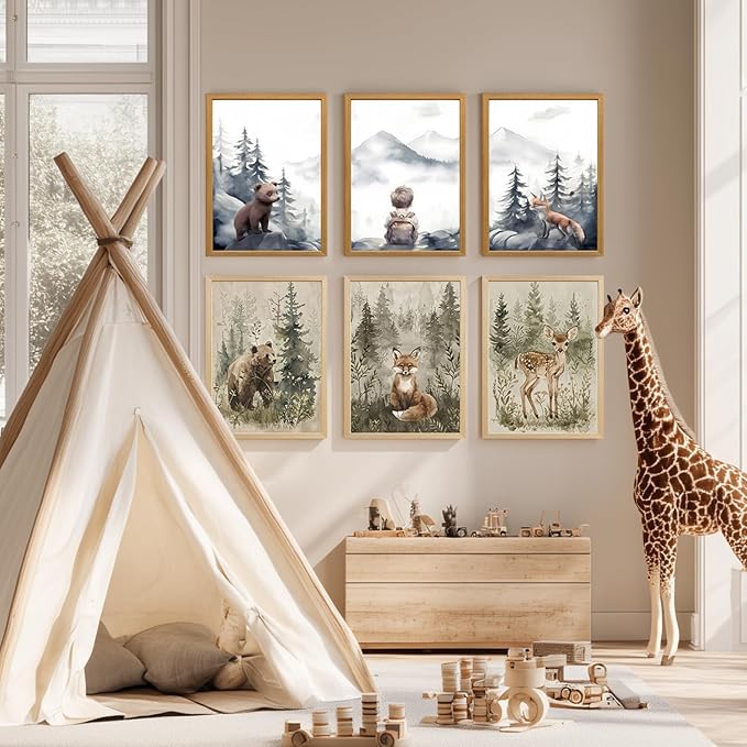 kilamino Neutral Woodland Wild Animal Wall Art, Cute Bear Fox Nursery Wall Decor, Adventure Boy Poster Prints, Vintage Forest Animal Canvas Paintings for Baby Room Playroom Wood Framed 12"x16"x3