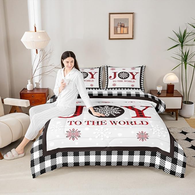 Christmas Snowflake Kids Comforter Set Queen Size,Cottage Plank Bedding,Girls Boys Adults Bedroom/Xmas Cabin Decor,Geometric Grids Stylish Down Comforter,Rustic Farmhouse Duvet Insert,2 Pillowcases