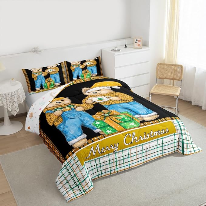 Feelyou Merry Christmas Comforter Set All Season Cute Bear Bedding Set with 2 Pillow Cases Microfiber Kids Queen Bedclothes Winter Bedroom Decor Duvet Quilt Breathable Soft