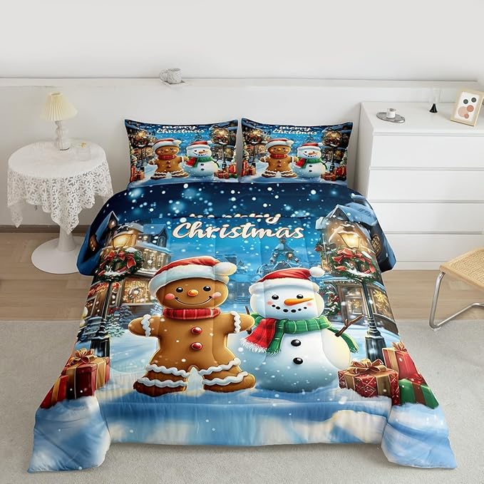 Gingerbread Man Kid Comforter Set Queen Size,Cute Snowman Merry Christmas Bedding Set,Girl Boy Room Decor,Snowflake Xmas Poinsettia Quilt Comforter,Blue Brown Duvet Set Bedroom Quilt Set,2 Pillowcases