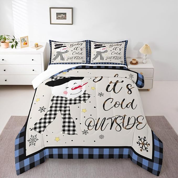Christmas Snowman Kids Comforter Set Twin Size,Snowflake Christmas Holiday Bedding Set,Girls Boys Adults Xmas Decor,Geometric Grids Lattices Down Comforter,Blue Rustic Duvet Insert,1 Pillowcase