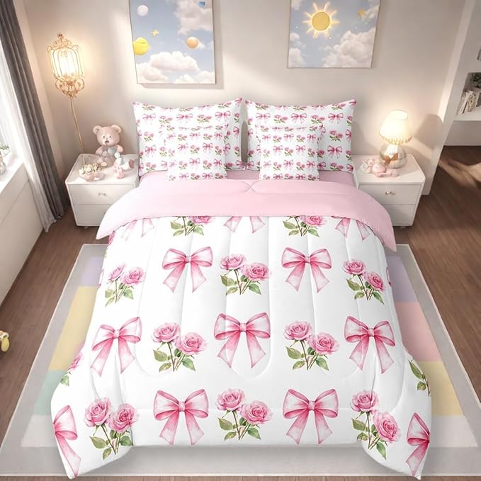 7 Pieces Pink Bowknot Kids Comforter Full,Rose Flowers Valentine's Day Romantic Bedding Set,Pink Bow Tie Knot Princess Dreamy（Comforter+Fitted+Flat Sheet+2 Pillowcases+2 Throw Pillow Covers）
