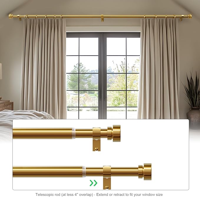 Gold Curtain Rods for Windows 28 to 48 Adjustable Modern Curtain Rod 1 inch Diameter Heavy Duty with Solid Metal Finials for Living Room Bedroom Farmhouse Outdoor Patio