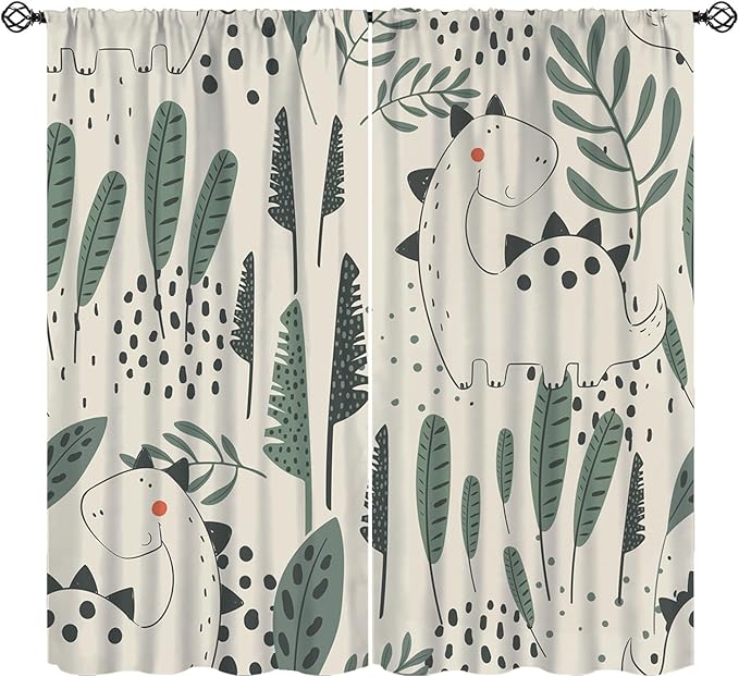 Dinosaur Curtains, Cute Dino Tropical Leaves Plant Beige Green Blackout Window Treatments, Rod Pocket Thermal Insulated Drapes 2 Panel Sets for Children Bedroom Nursery Classroom, 52" W X 84" L