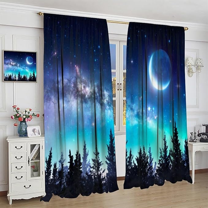 Galaxy Forest Blackout Curtains, Night Starry Sky Stars Moon Aurora Borealis Window Drapes for Bedroom Living Room Home 52" W X 84" L