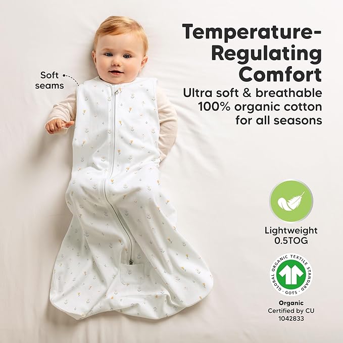 2-Pack Baby Sleep Sacks, Zipper Wearable Blanket - 0.5TOG Organic Cotton,Lightweight,Soft Cozy Toddler Sleeping Sack 6-12 months,Easy to Wear Large Newborn Transition Swaddles Sleepsacks (Wildflowers)
