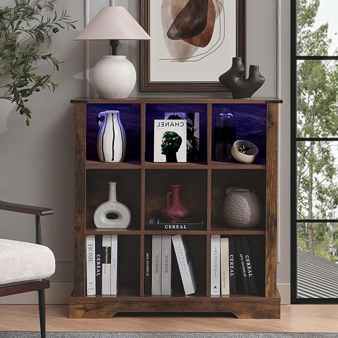 9 Cube Storage Organizer, 3 Tier Book Shelf with Led Lights, Farmhouse Book Shelves for Living Room, Horizontal Toy Storage Bookshelf, Wood Display Bookcase Cabinet for Bedroom, Office, Brown