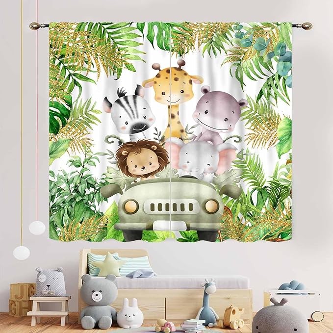 Jungle Safari Animals Curtains, Cartoon Animals Lion Giraffe Elephant Woodland Tropical Leaf Green Window Drapery for Kids Boys Girls Baby Living Room Bedroom Nursery 2 Panels, 52"x84" Inch