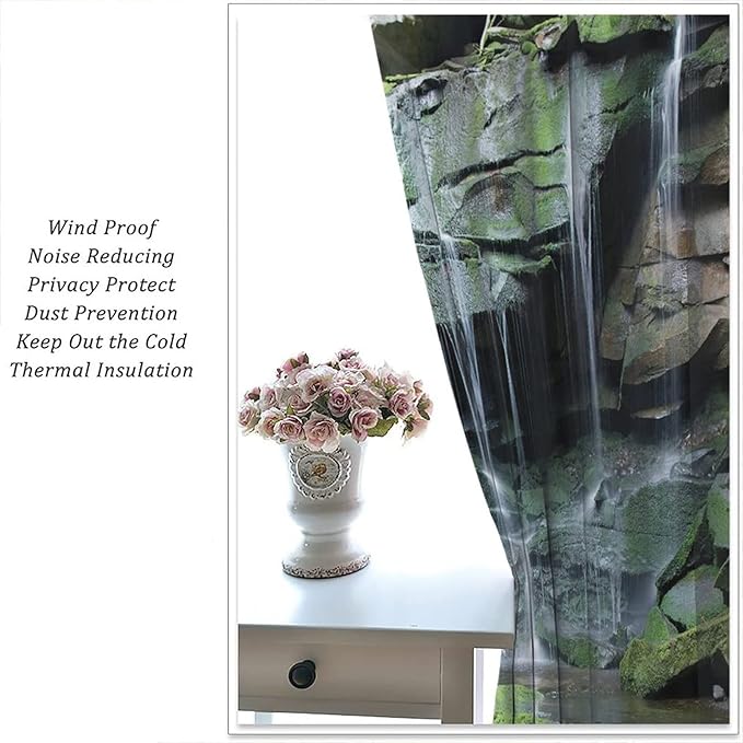 Forest Waterfall Blackout Windows Curtains, Rocky Waterfall to Pond Running Off Scenic Nature Themed Picture Print Curtains, for Living Room Bedroom 52x84in 2 Panels