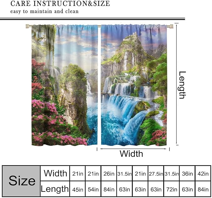 Forest Waterfall Blackout Curtain, Watercolor Tropical Jungle Waterfall Spring Flower Natural Scenery Pattern Window Drapes, for Bedroom Living Room 63" W X 72" L