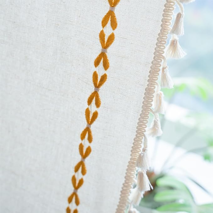 Deeprove Gold Yellow Boho Curtains 96 inches Long for Bedroom, Vintage Privacy Bohemian Embroidery Light Filter Cotton Linen Stripes French Country Tassel Window Treatments Decor, W52 x L96, 1 Panel
