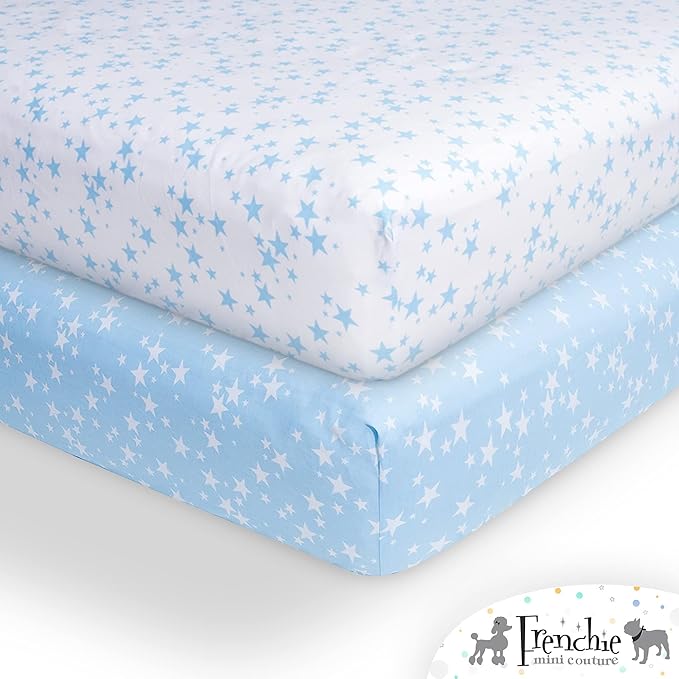 Frenchie Mini Couture Bassinet Sheets, 100% Cotton, Blue Stars, 15 x 33in, 2-Pack