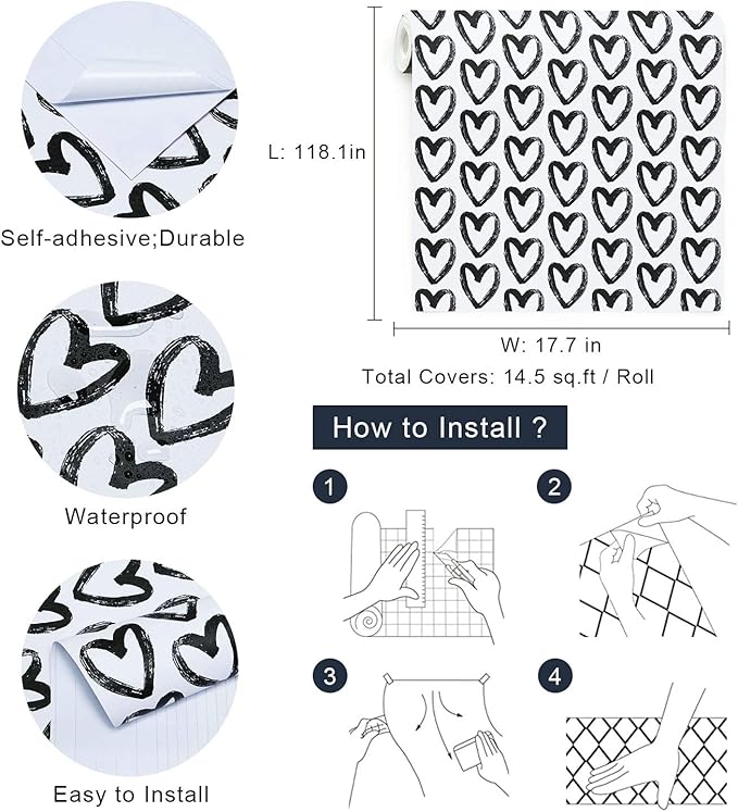 Timeet Black White Wallpaper - Peel & Stick 17.7"x118" Modern Wall Decoration
